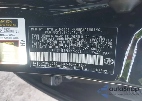 2015 Toyota Avalon Xle z USA, uszkodzony, nr VIN 4T1BK1EB7FU174504